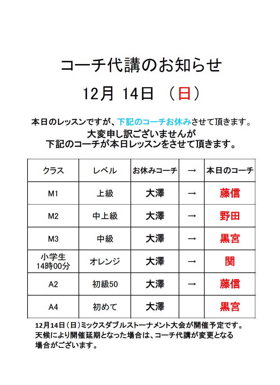 12月14日（日）コーチ代講のお知らせ