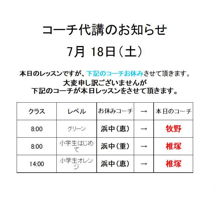 7月18日(土)コーチ代講のお知らせ